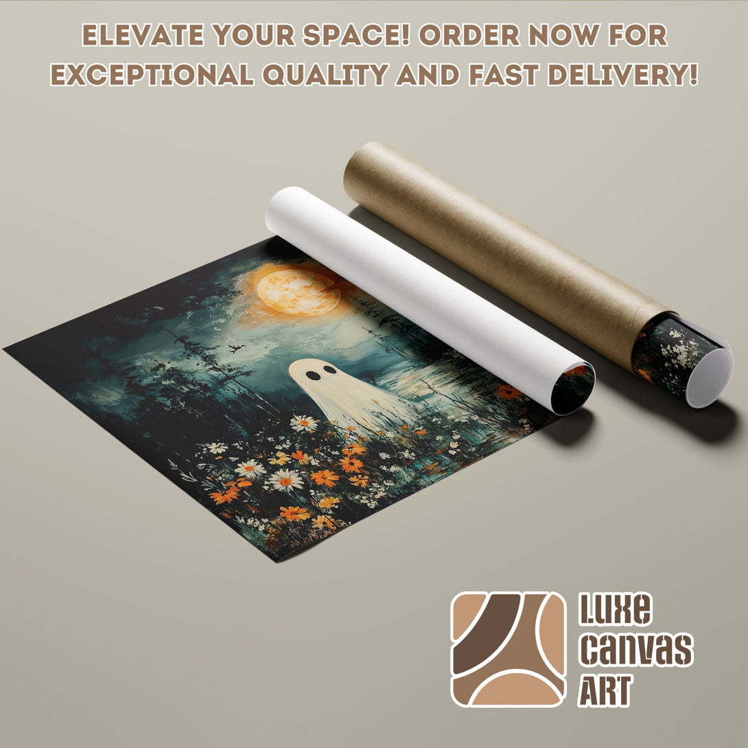 Spooky ghost art poster roll with dark teal & orange palette. Elevate your space!