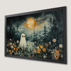 Whimsical Ghost in Wildflower Field Art Poster for Halloween Decor