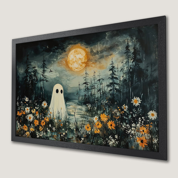 Framed Poster featuring a ghost in a whimsical forest scene with a moon. Dark, moody color palette with orange and white accents.