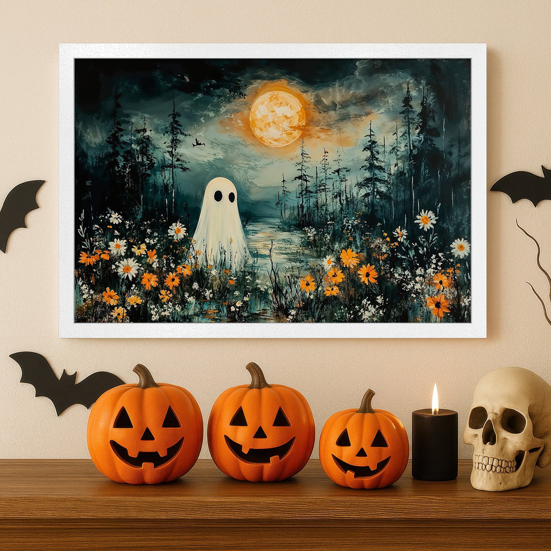 Framed Poster featuring a spooky ghost in a forest scene with a dark teal and orange color palette. Halloween decor.