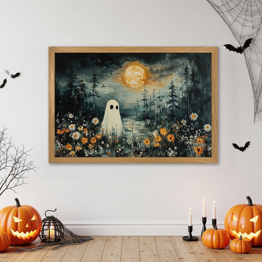 Framed Poster featuring a ghost in a spooky forest scene. Dark teal, orange, and white color palette. Perfect Halloween decor.