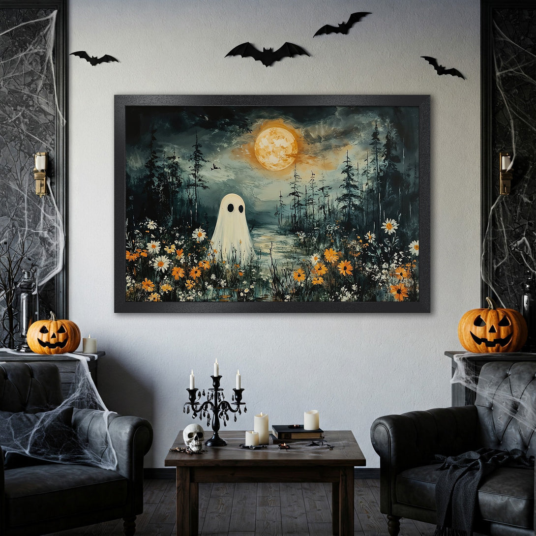 Framed Poster featuring a whimsical ghost in a spooky forest scene. Dark, moody color palette perfect for Halloween decor. Get yours today!