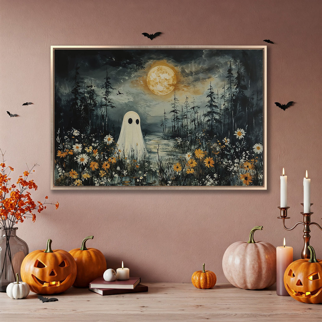 Framed Wall Art: Spooky ghost painting in a dark, moody style with a warm, autumnal color palette. Perfect Halloween decor!