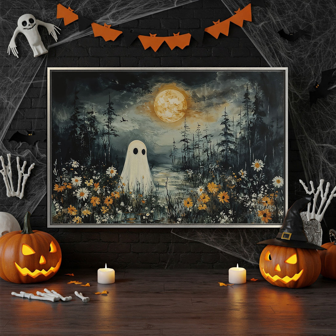 Framed Wall Art: Spooky ghost painting in a dark, moody style with a forest scene. Featuring a full moon and a muted color palette. Perfect Halloween decor!