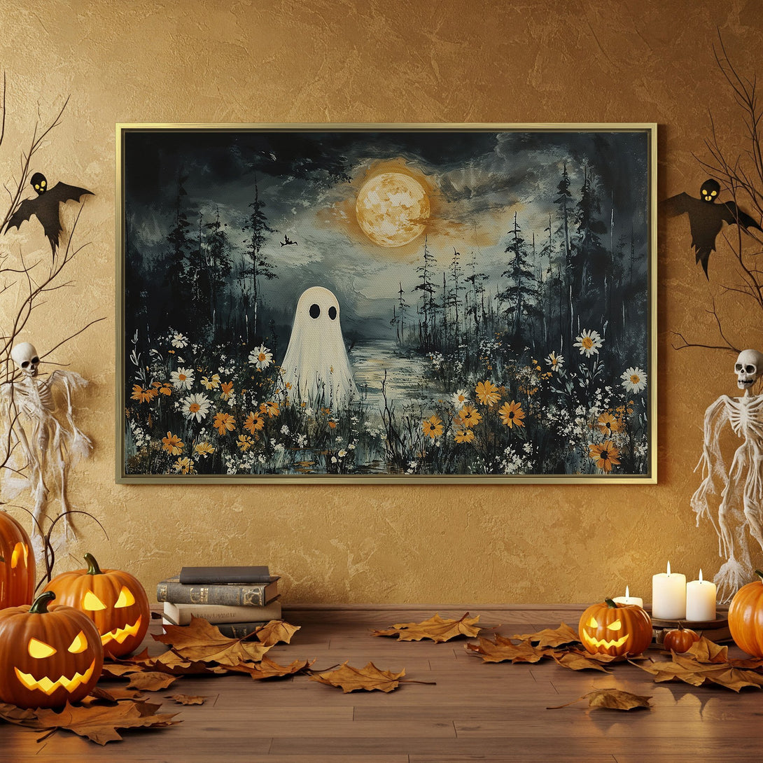 Halloween Canvas Print featuring a spooky ghost in a forest scene. Dark, moody color palette with orange and black accents. Perfect for seasonal decor.
