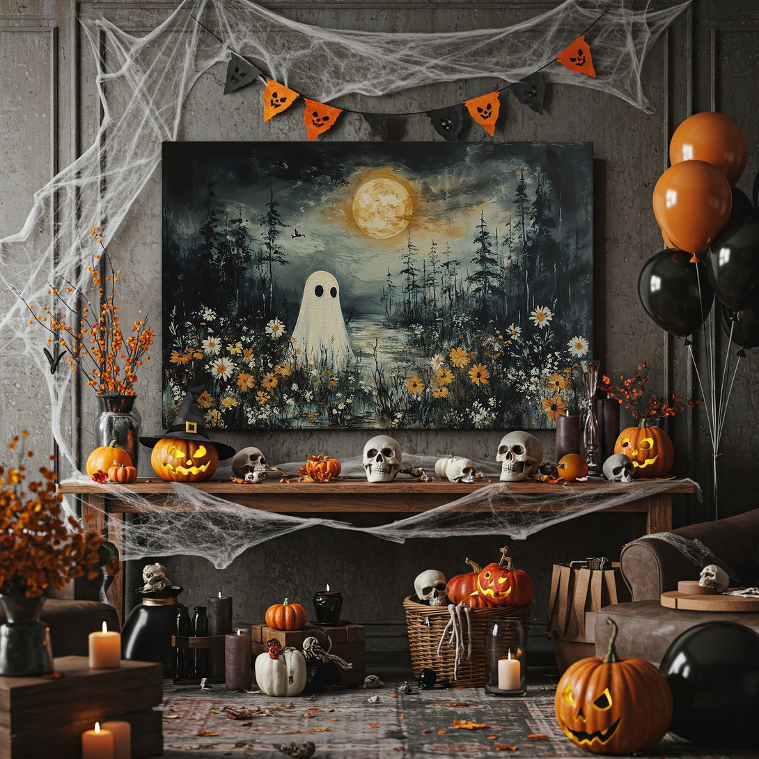Framed Wall Art: Spooky ghost painting with dark, moody color palette. Perfect Halloween decor! Adds a touch of eerie elegance to any space.