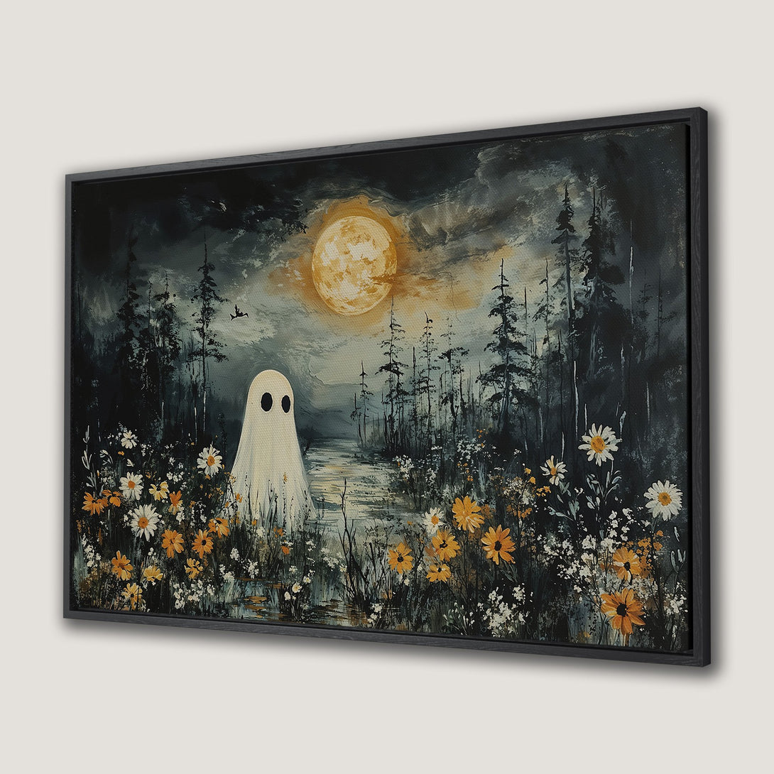 Framed Wall Art: Spooky ghost in a moonlit forest. Dark, moody color palette with orange and yellow flowers. Perfect Halloween decor.
