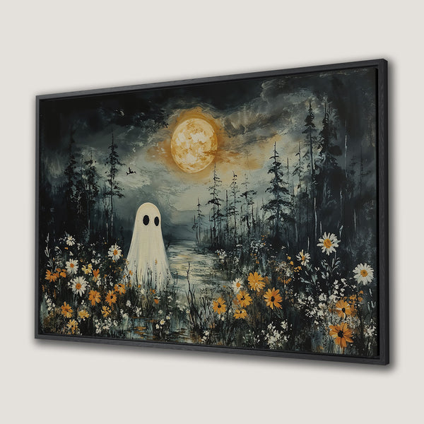 Framed Wall Art: Spooky ghost in a moonlit forest. Dark, moody color palette with orange and yellow flowers. Perfect Halloween decor.