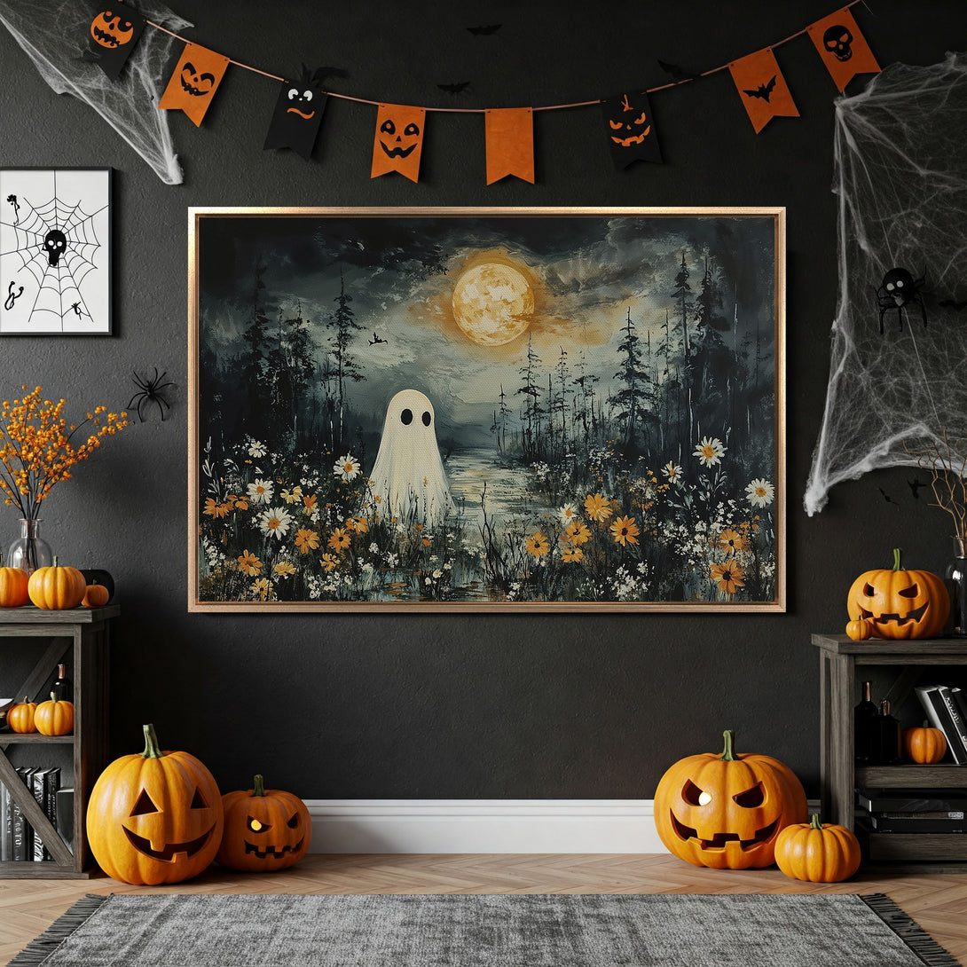 Framed Wall Art: Spooky ghost painting with a full moon, dark forest, and yellow/orange flowers. Perfect Halloween decor in a moody, dark color palette.