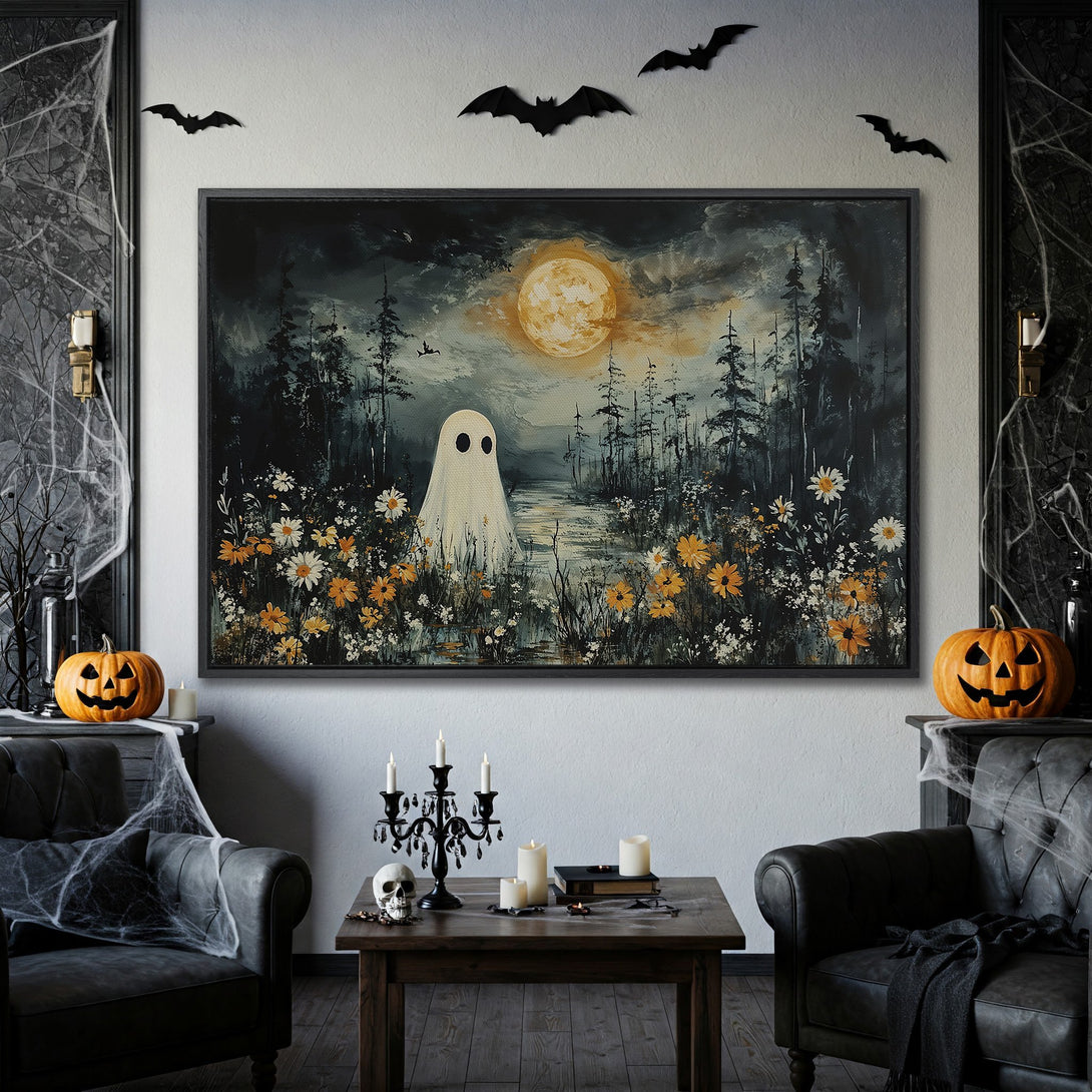 Framed Wall Art: Spooky ghost painting with a forest scene, featuring a moonlit sky and a dark, moody color palette. Perfect Halloween decor!