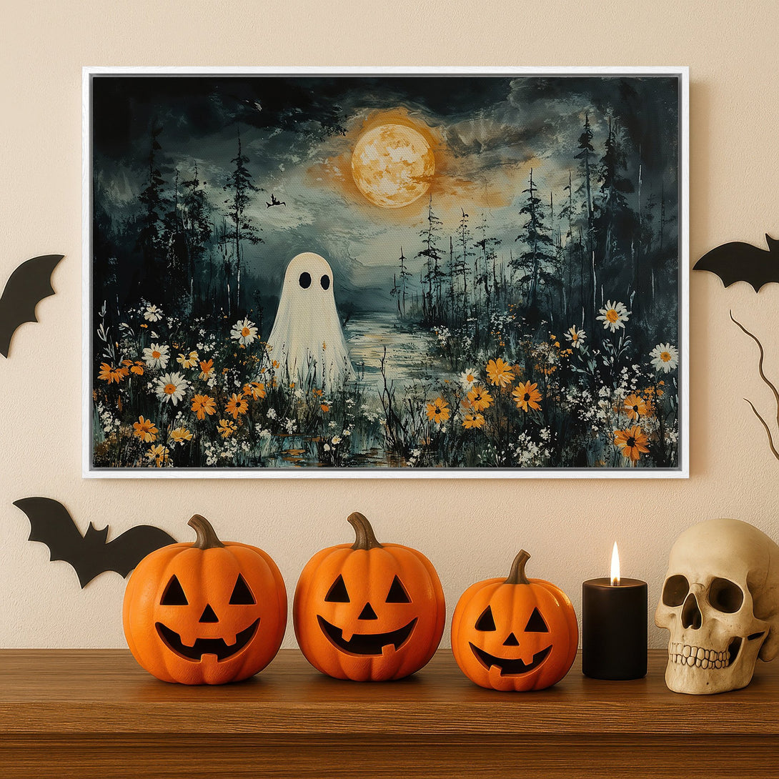 Framed Wall Art: Spooky ghost in a forest painting with a moody, dark color palette. Perfect Halloween decor for your home!