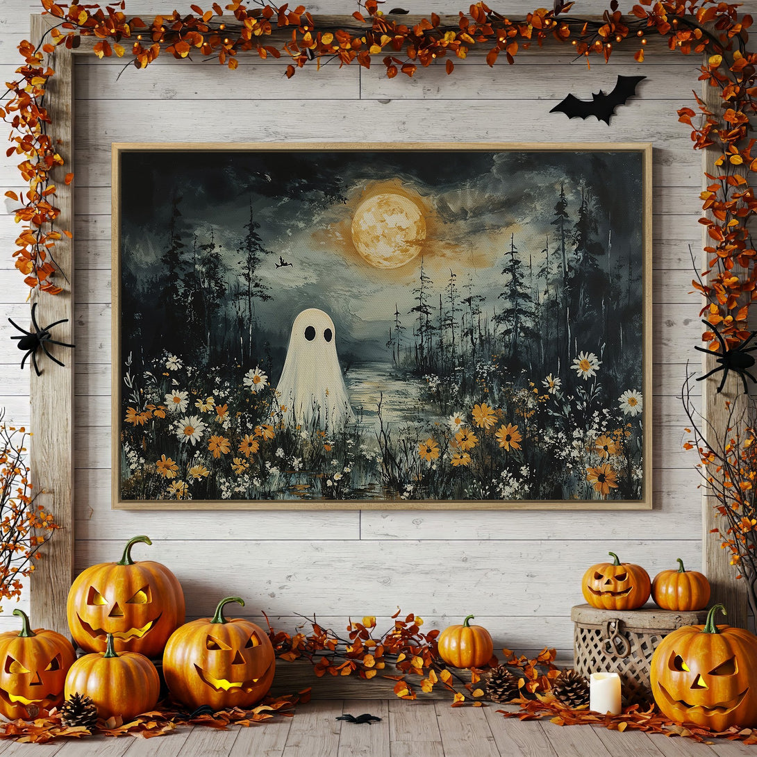 Framed Wall Art: Spooky ghost painting in a Halloween scene. Dark, moody colors with a warm, autumnal palette. Perfect for seasonal decor!