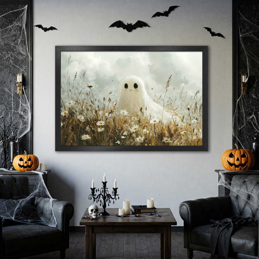 Framed Poster featuring a whimsical ghost in a field. Soft, dreamy style with neutral tones and a touch of Halloween charm. Perfect wall art!
