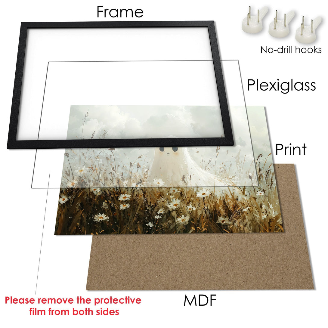 Framed Poster featuring a whimsical ghost in a field of flowers, soft pastel colors, perfect for any room.