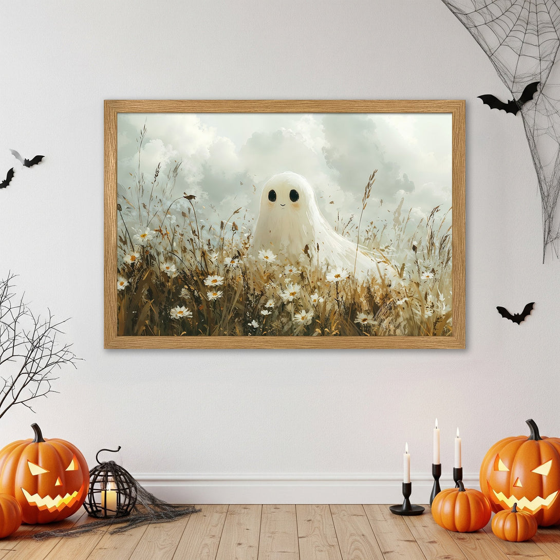 Framed Poster featuring a cute ghost in a field, soft pastel colors. Perfect Halloween decor!