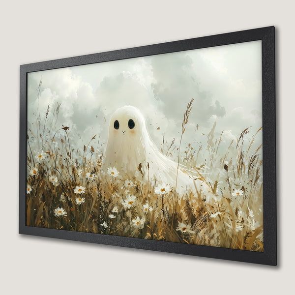 Framed Poster featuring a cute ghost in a field of flowers, soft whimsical style with muted earth tones. Perfect wall art!