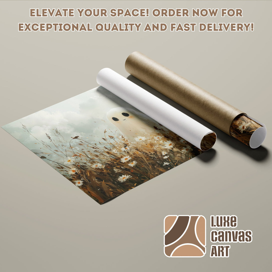 Poster Roll featuring a whimsical ghost in a field, soft pastel colors. Order yours today!