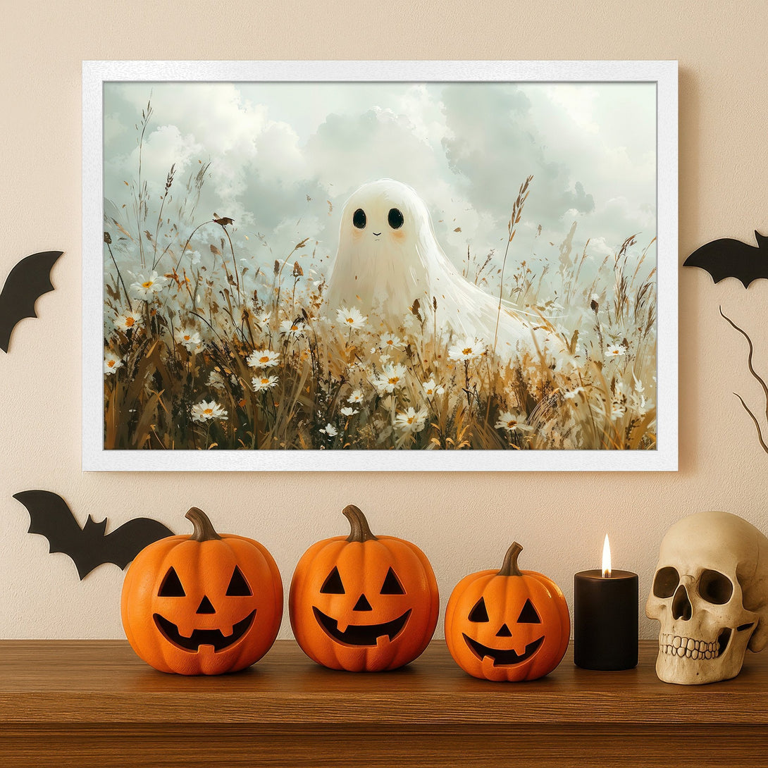 Framed Poster featuring a whimsical ghost in a field, dreamy style, soft pastel colors. Perfect Halloween decor!