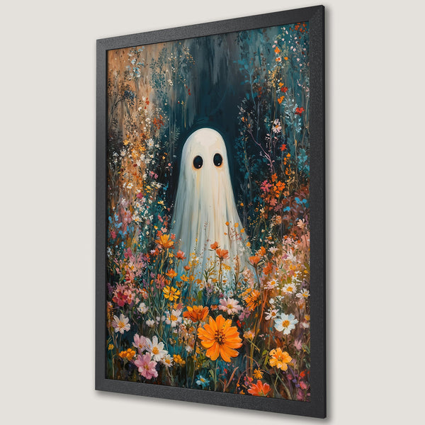 Framed Poster featuring a whimsical ghost in a colorful floral meadow. Dark, moody style with vibrant orange, pink, and teal palette. Perfect wall art!
