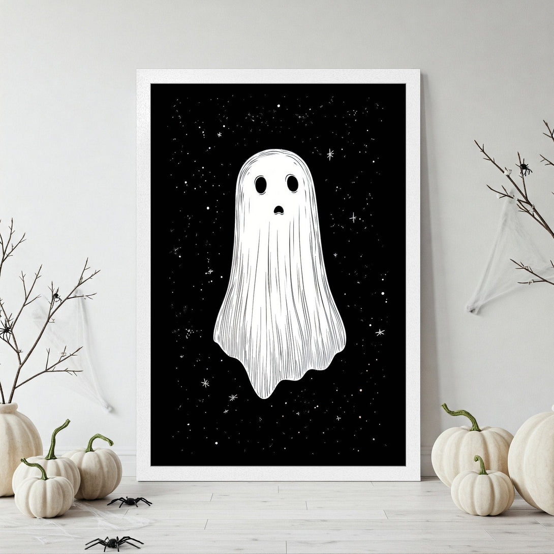 Framed Poster featuring a spooky ghost illustration on a black starry background. Perfect Halloween decor! Black and white color palette.
