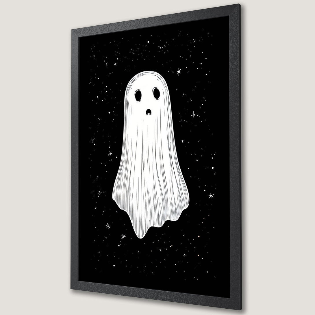 Framed Poster featuring a whimsical ghost illustration on a black starry background. A stylish, monochrome art print perfect for Halloween decor.