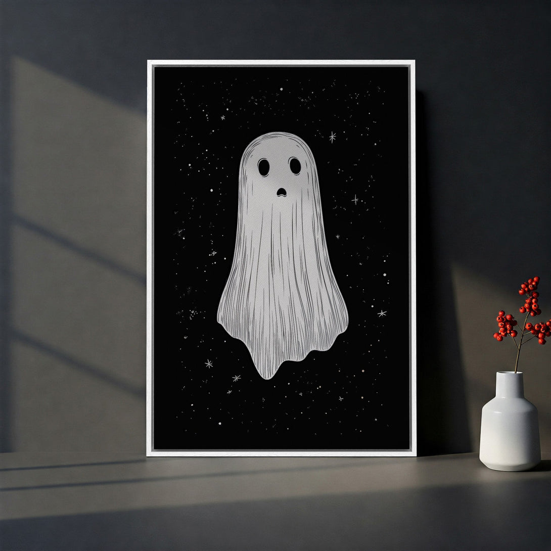 Framed Wall Art featuring a spooky ghost illustration in a minimalist style with a black and white color palette, perfect for Halloween decor.