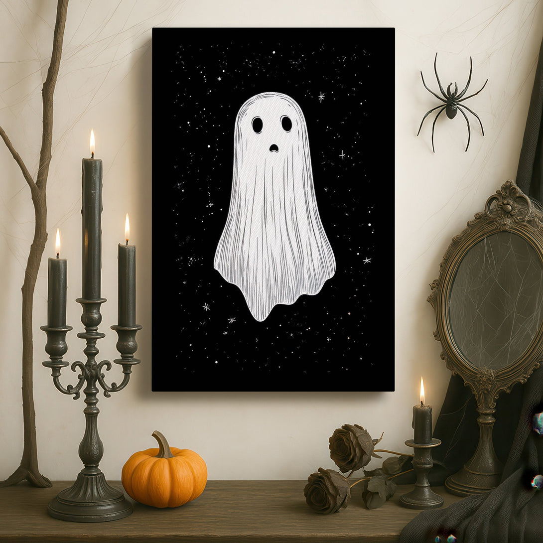 Framed Wall Art: Spooky ghost illustration in black, white, and gold. Perfect for Halloween decor! Adds a touch of whimsy to any room.
