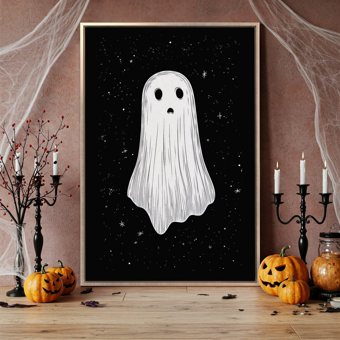 Framed Wall Art: Spooky ghost illustration in a black and white color palette. Perfect Halloween decor for a stylish, yet eerie, home.