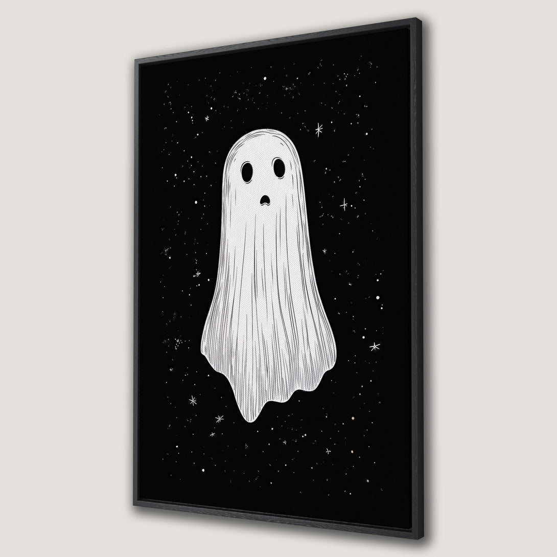 Framed Wall Art featuring a whimsical ghost illustration against a starry black background. Minimalist, monochromatic design perfect for Halloween decor.