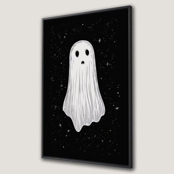 Framed Wall Art featuring a whimsical ghost illustration against a starry black background. Minimalist, monochromatic design perfect for Halloween decor.