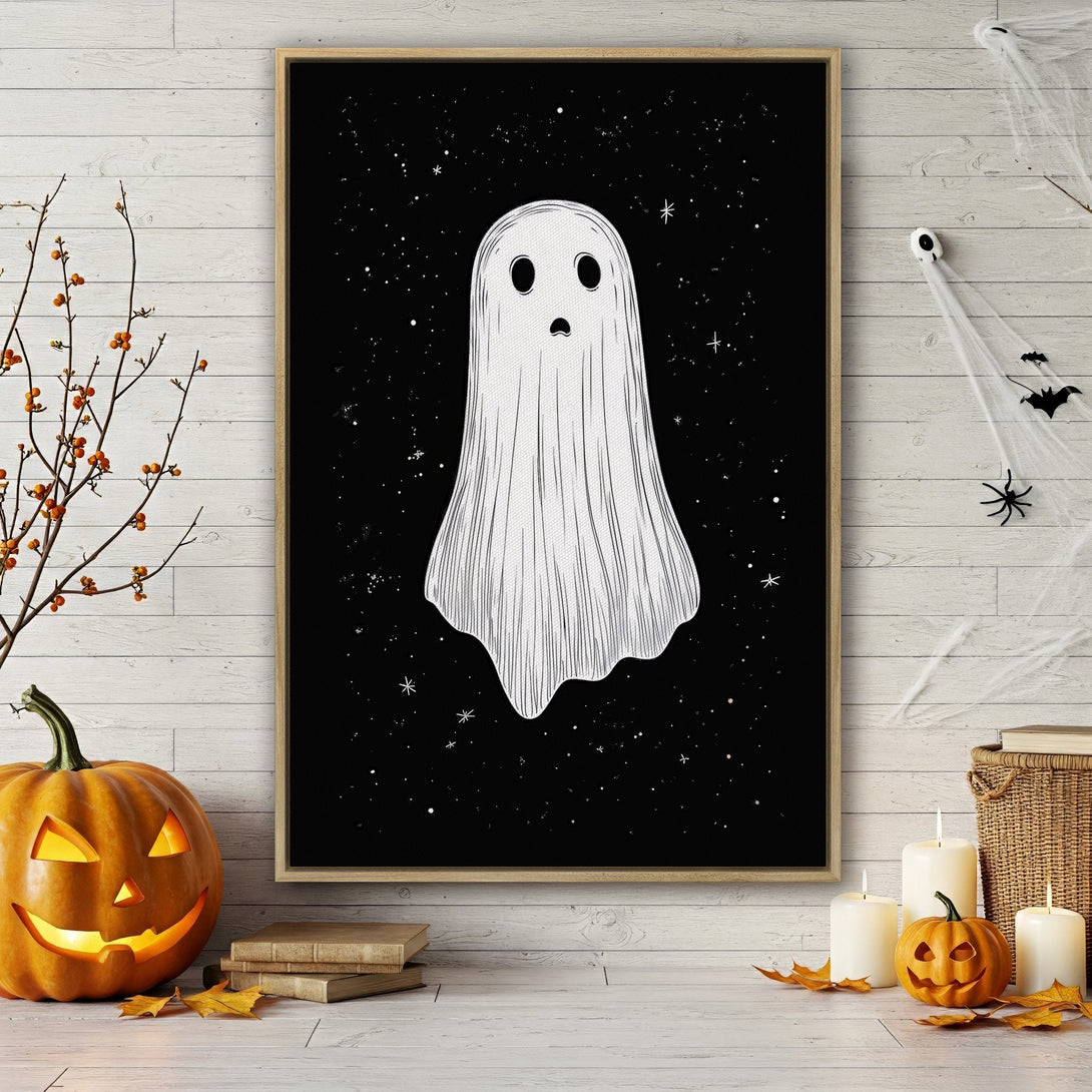 Framed Wall Art featuring a spooky ghost illustration on a black background. Minimalist style with a black, white, and neutral color palette, perfect for Halloween decor.