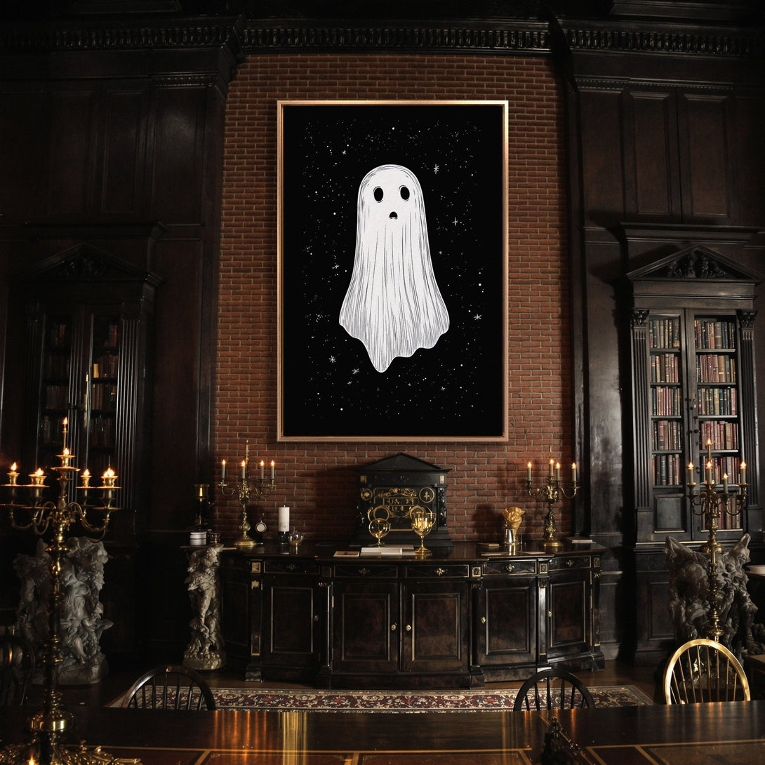 Framed Wall Art featuring a spooky ghost illustration on a black background, displayed in a gothic interior with a dark, moody color palette.