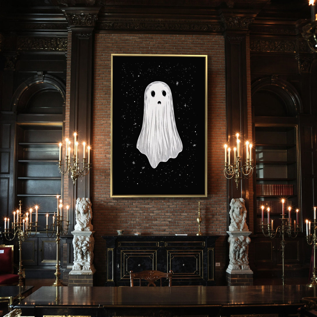 Canvas Print: Spooky ghost art on black background. Halloween decor in black, white, and orange. Perfect for a haunted home!