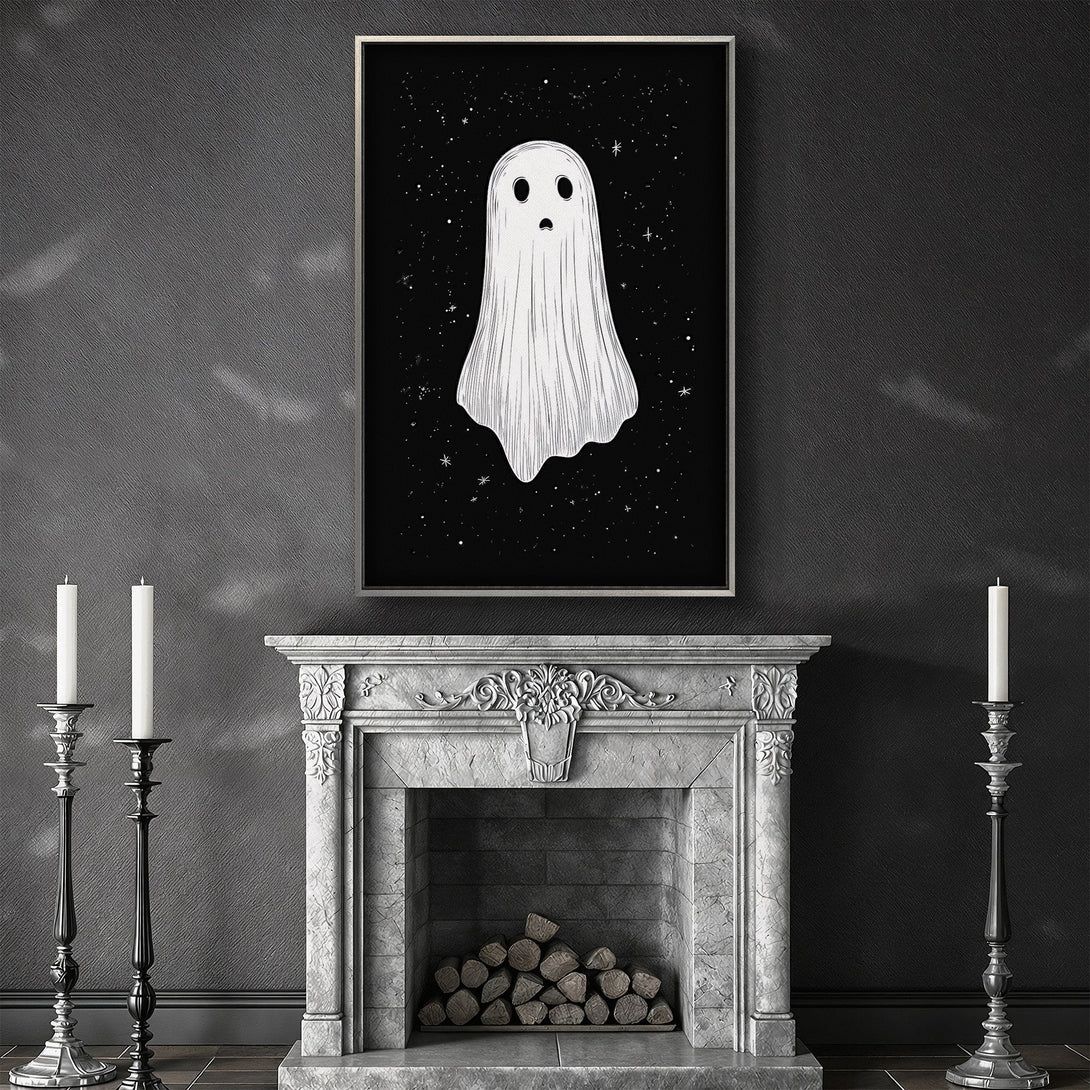 Framed Wall Art featuring a whimsical ghost illustration on a black background. Perfect for Halloween decor! Monochrome color palette, adding a spooky yet stylish touch.