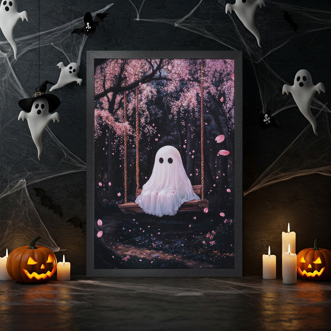 Framed Poster featuring a whimsical ghost on a swing in a pink and black forest. Spooky art with a Halloween color palette. Perfect wall decor!
