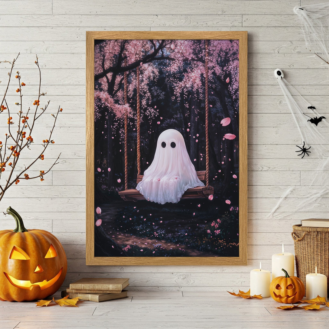 Framed Poster featuring a whimsical ghost on a swing in a pink floral forest. Beautiful art print with a dark, dreamy aesthetic. Perfect Halloween decor!