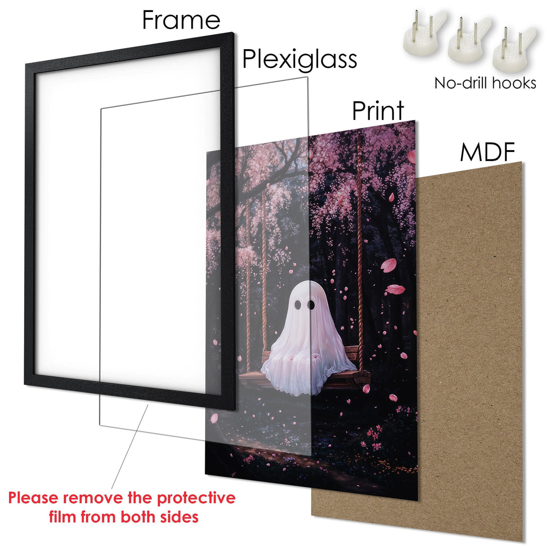 Framed Poster featuring a whimsical ghost on a swing in a dreamy forest scene, with a soft pink and black color palette.