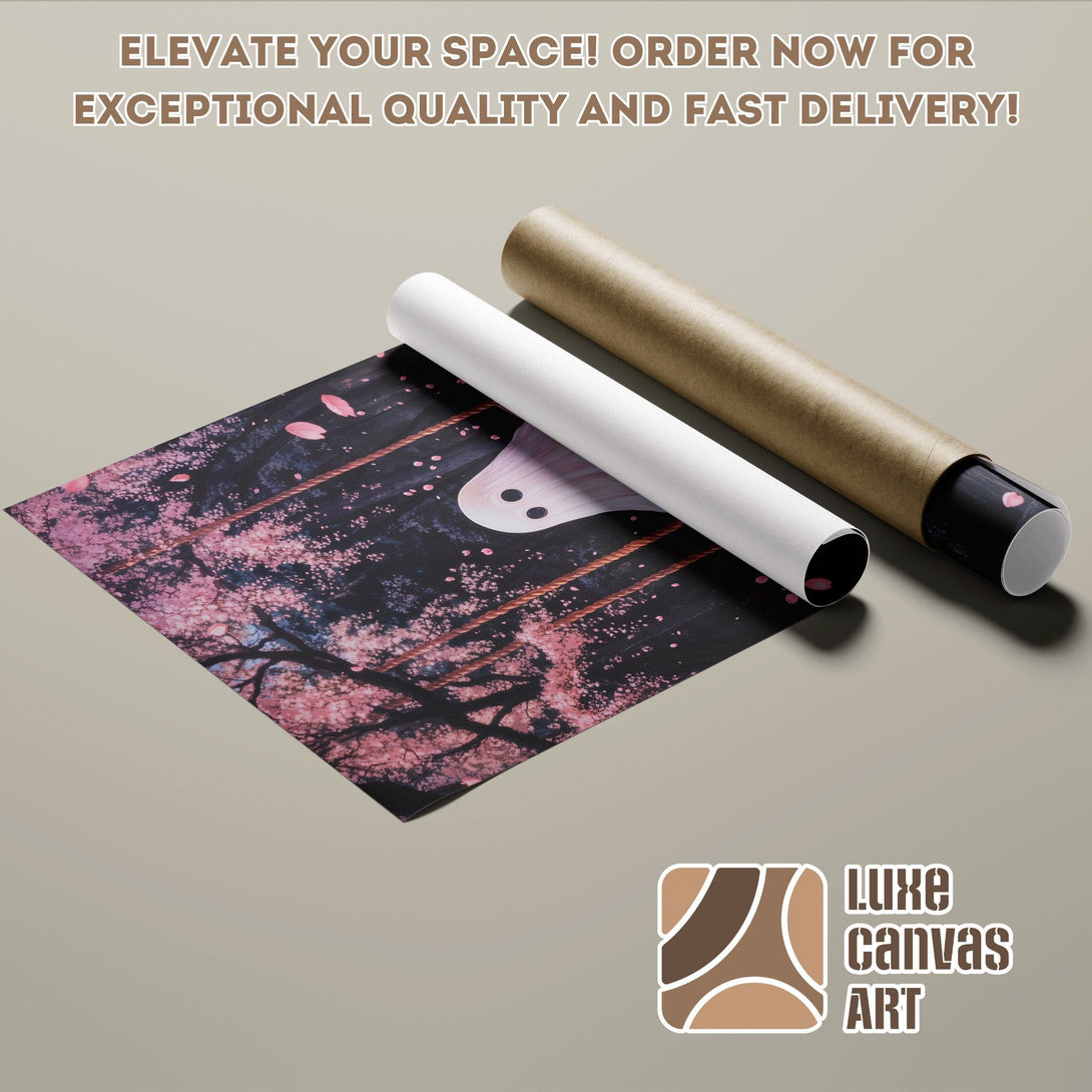 Poster Roll featuring a whimsical cherry blossom design in pink and black, perfect for home decor.