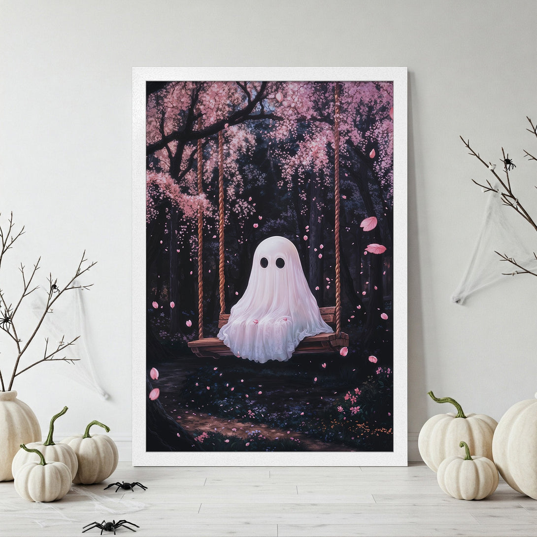 Framed Poster: Ghost on swing in a dreamy forest, pink & black color palette. Perfect Halloween decor! Get your spooky art poster today.