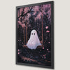 Whimsical Ghost on Swing Art Poster in Sakura Forest