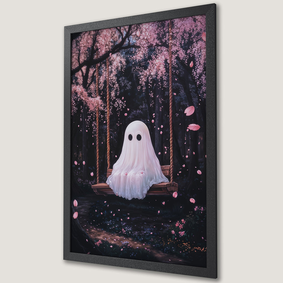 Framed Poster featuring a whimsical ghost on a swing in a cherry blossom forest, with a dark, dreamy aesthetic and pink/black color palette.