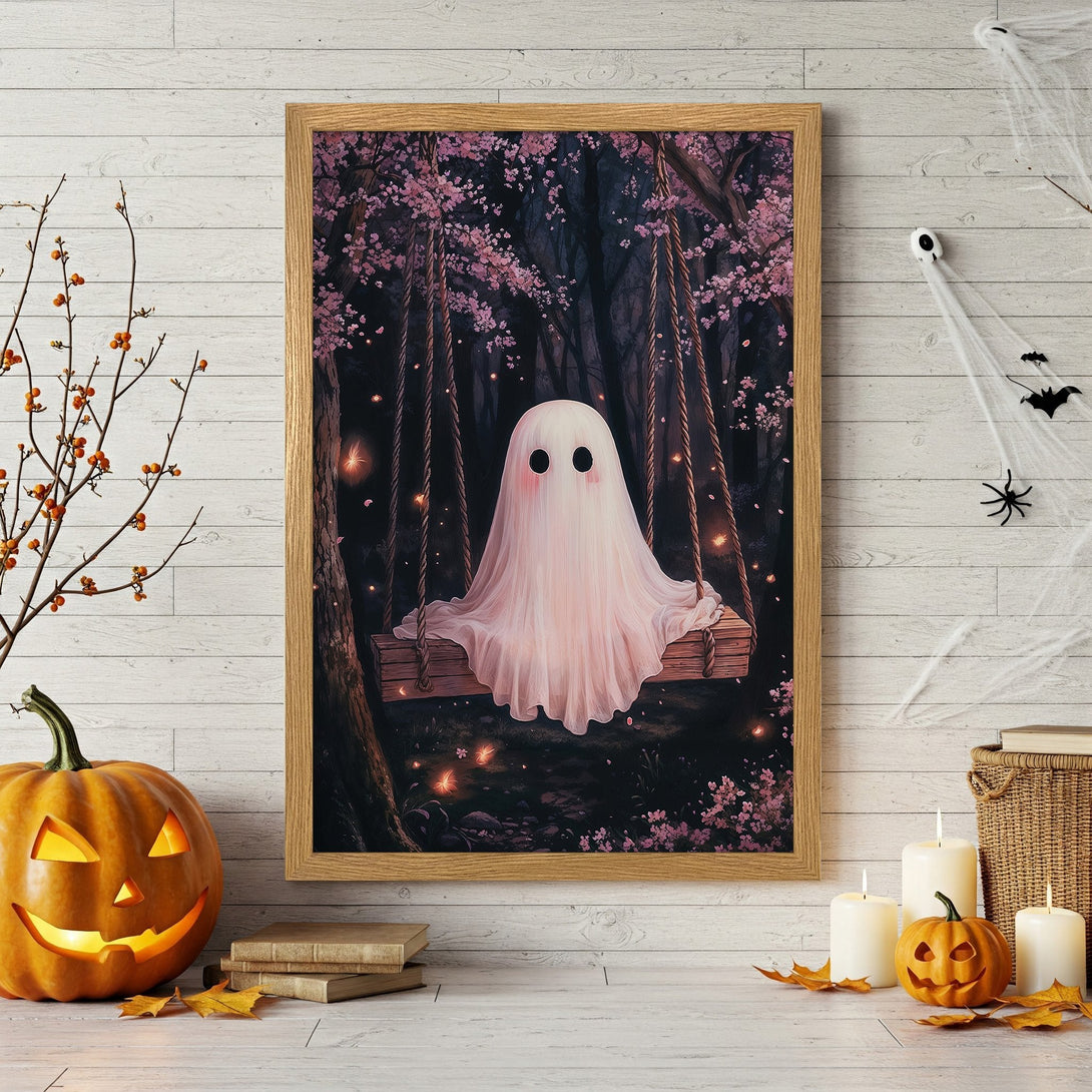 Framed Poster: Cute ghost on a swing in a whimsical style with a dark, pink, and light color palette. Perfect Halloween decor.