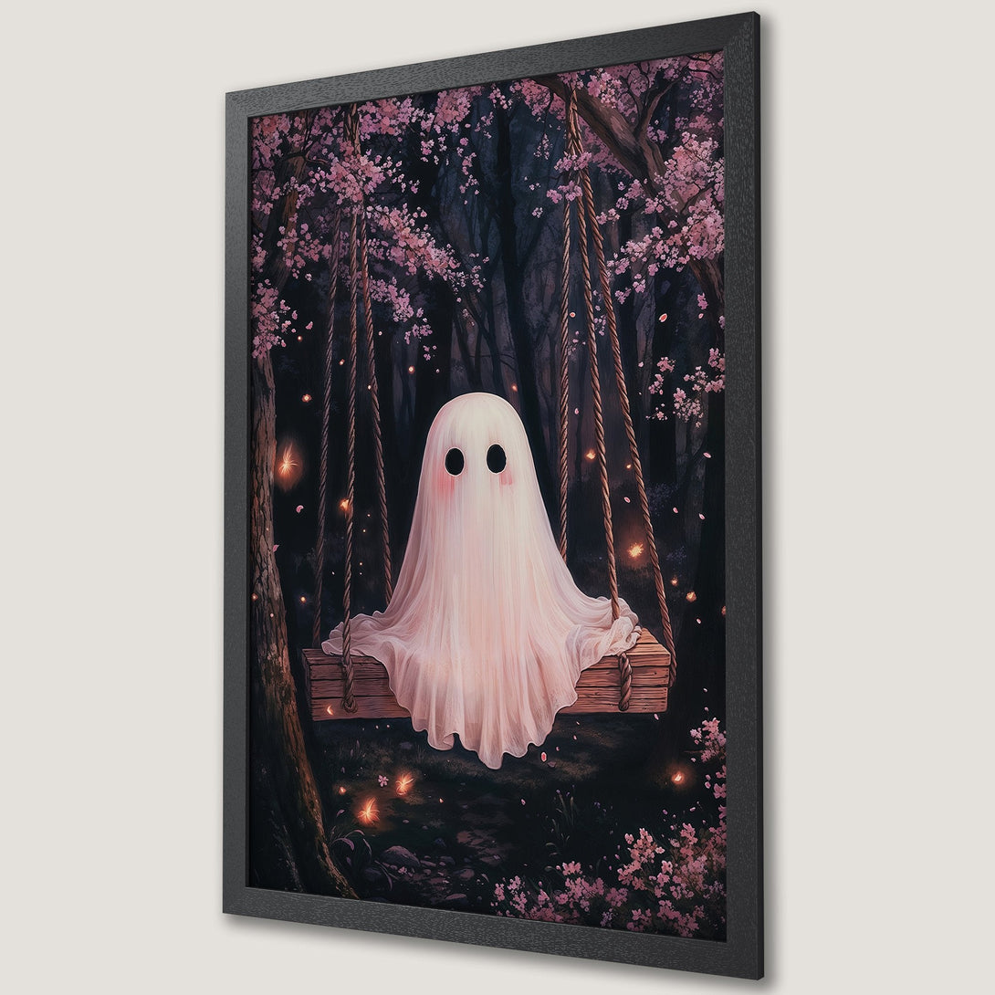 Framed Poster featuring a cute ghost on a swing in a whimsical forest. Soft pink and dark tones create a dreamy aesthetic.