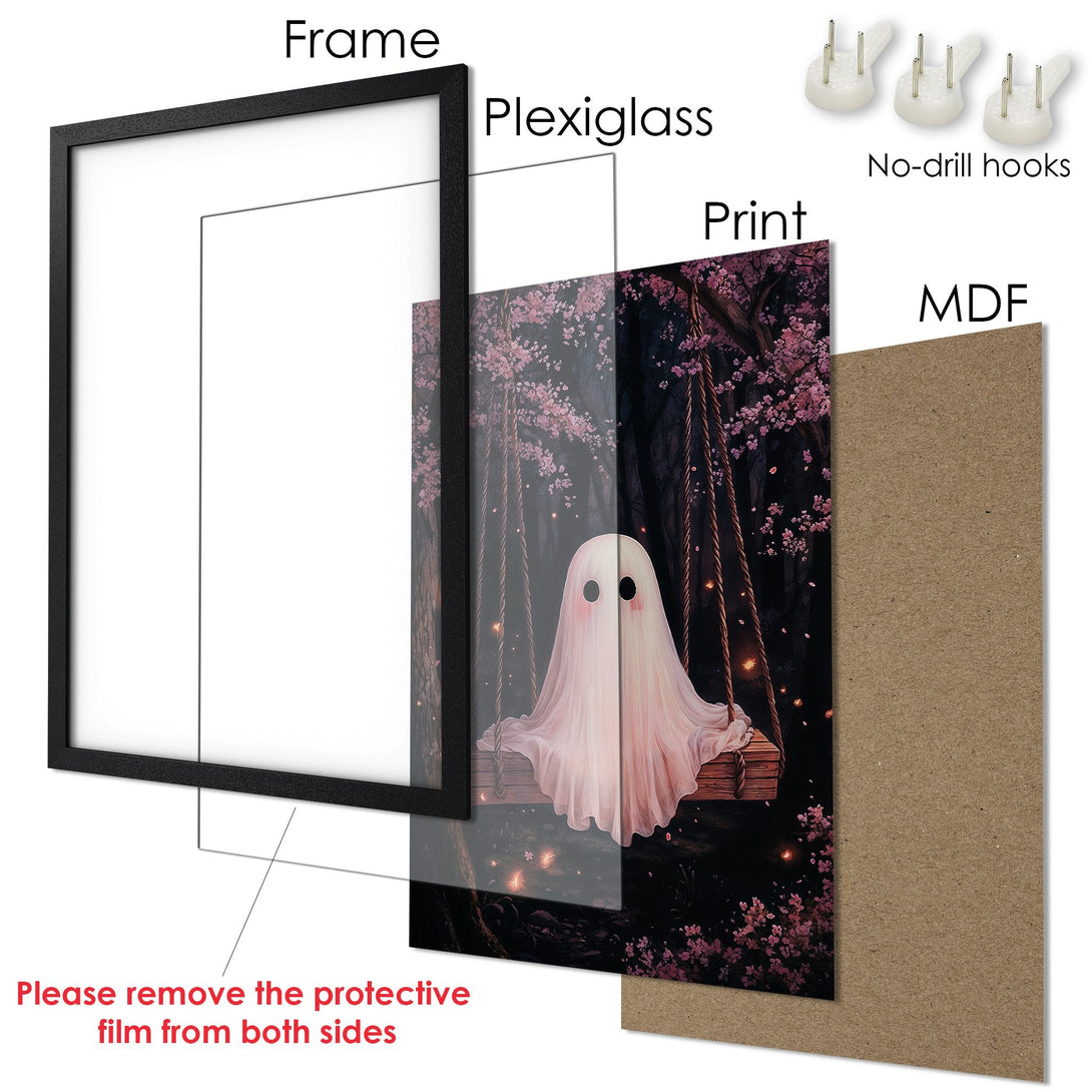 Framed Poster featuring a whimsical ghost on a swing, with a dreamy, pink and dark color palette. Perfect wall art!