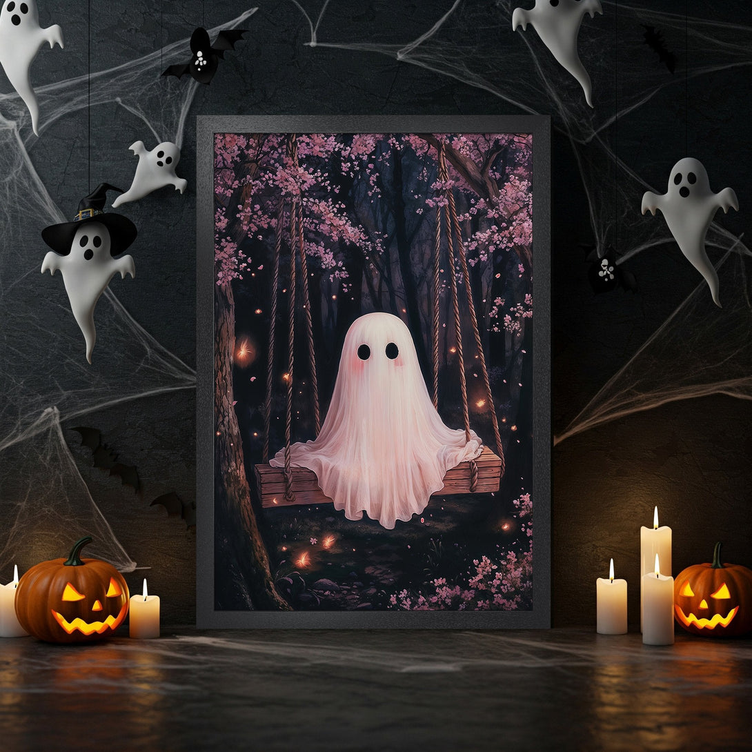 Framed Poster featuring a cute ghost on a swing in a whimsical, pink and dark color palette, perfect for Halloween decor.