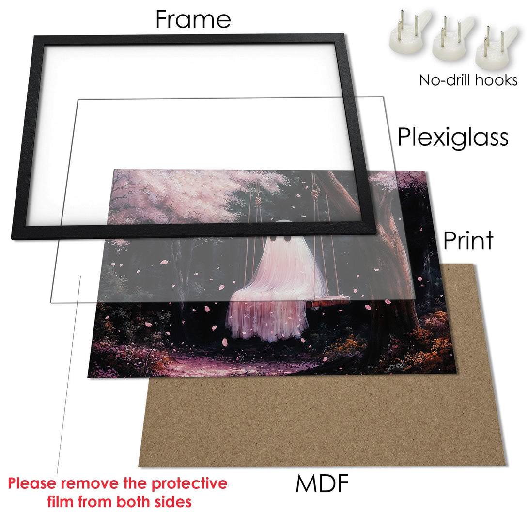 Framed Poster featuring a dreamy anime scene in a soft pink and dark green palette. Perfect wall art for any room!
