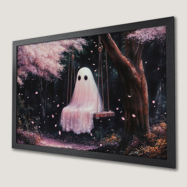 Framed Poster featuring a whimsical ghost on a swing in a forest, with pink and dark color palette.