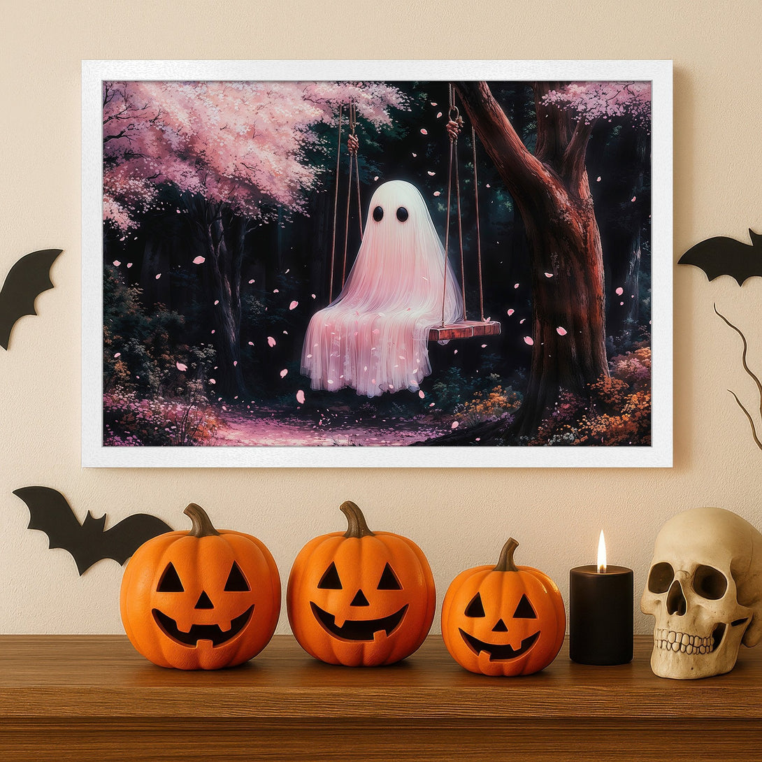 Framed Poster featuring a whimsical ghost on a swing in a pink forest, perfect for Halloween decor.