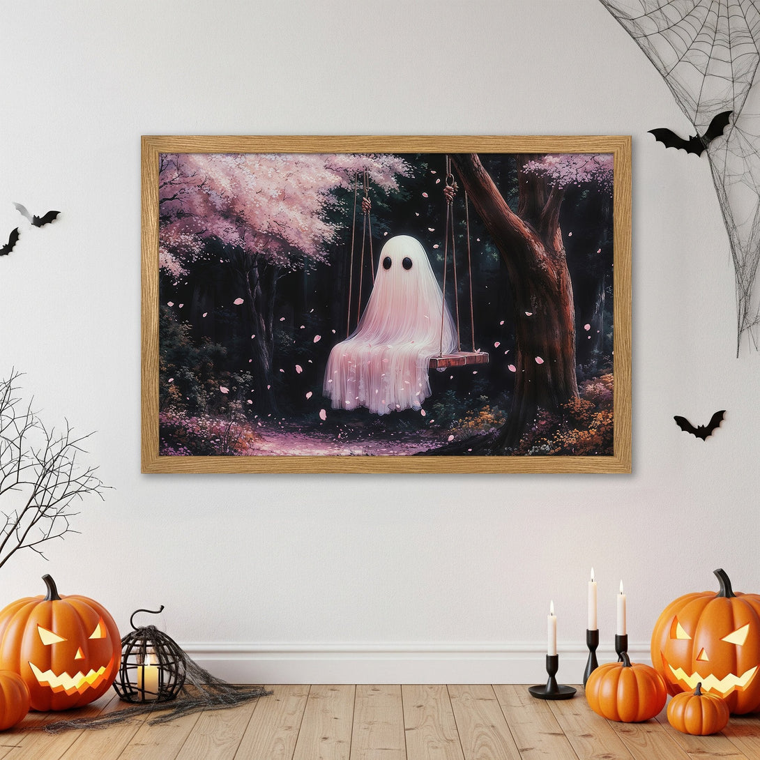Framed Poster featuring a whimsical ghost on a swing in a forest, soft pink and green color palette, perfect Halloween decor.