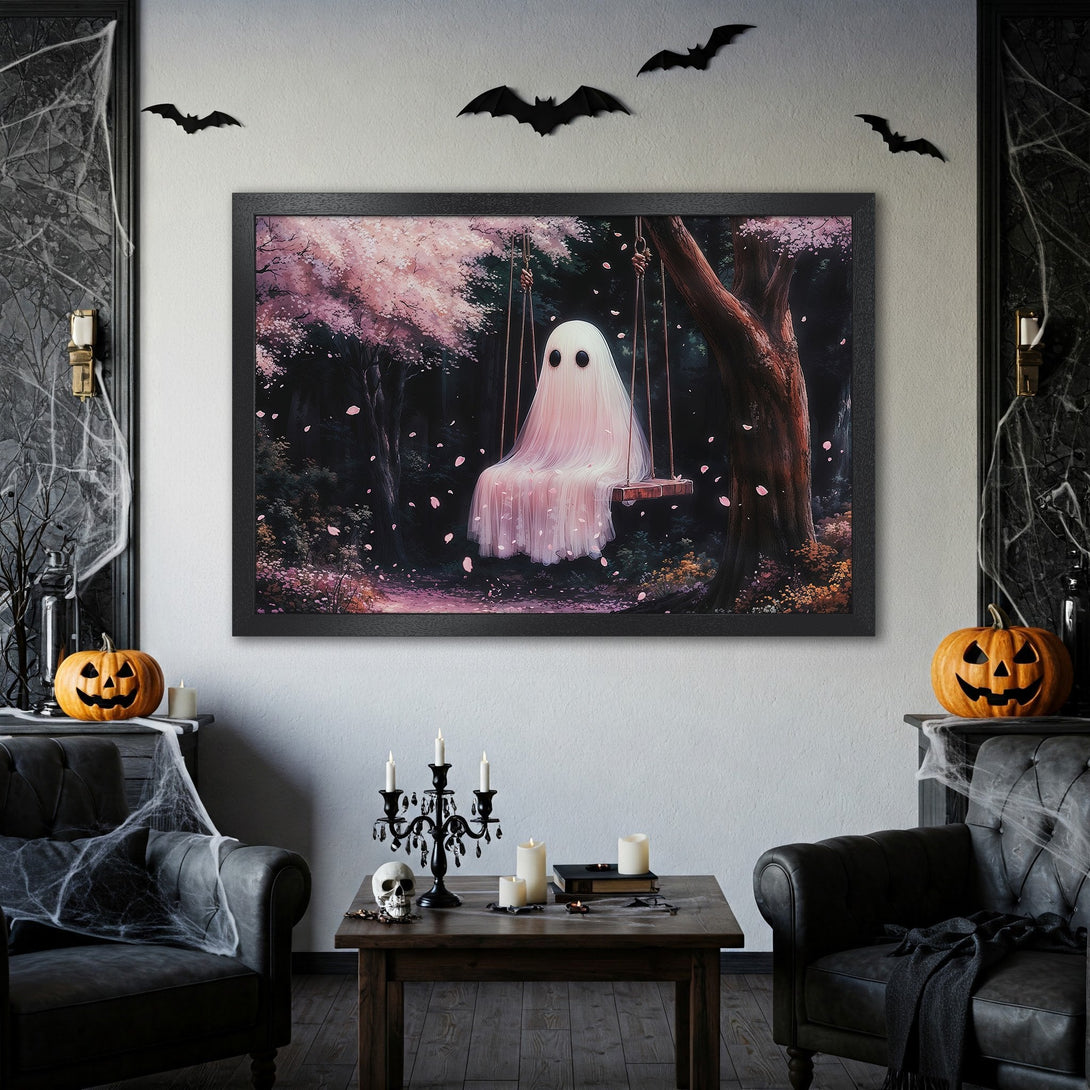 Framed Poster featuring a whimsical ghost on a swing in a forest, with a pink and dark green color palette. Halloween decor.